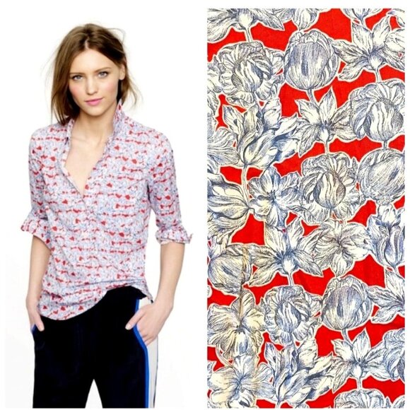 J Crew Liberty Of London Shirt Women 2 Red Blue Matilda Tulip Floral Popover - Picture 1 of 10